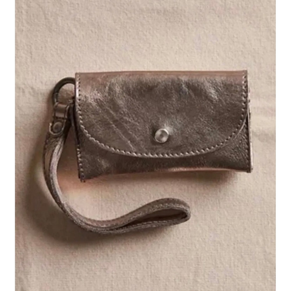 Free People Leather Wristlet Lanyard Wallet Metallic Silver
